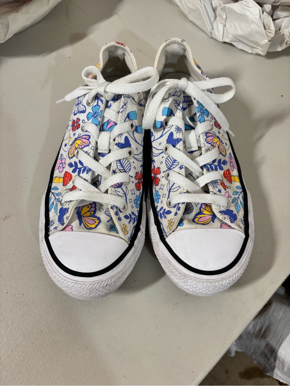 Kids White Canvas Lace-Up Sneakers with Colorful Butterfly & Floral Print